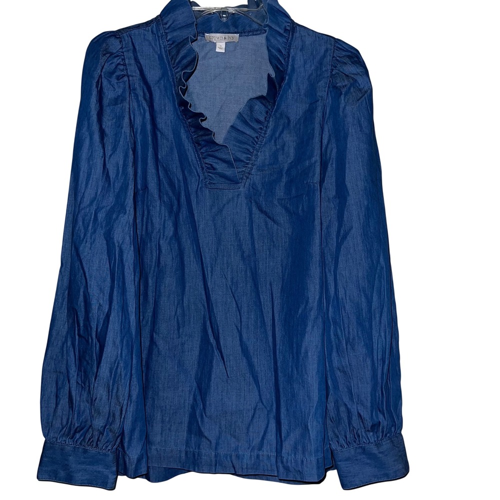 Crown & Ivy Blue Chambray Ruffle Neck Blouse Long Sleeve Cotton Top Small‎